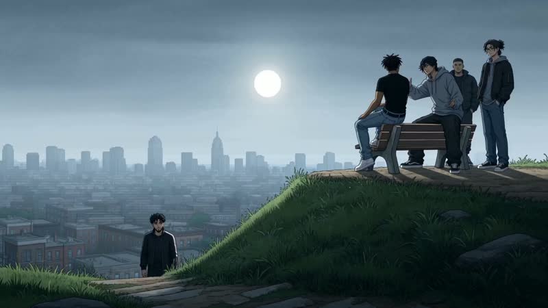The Last Summer: friends on a hill above the city at dusk